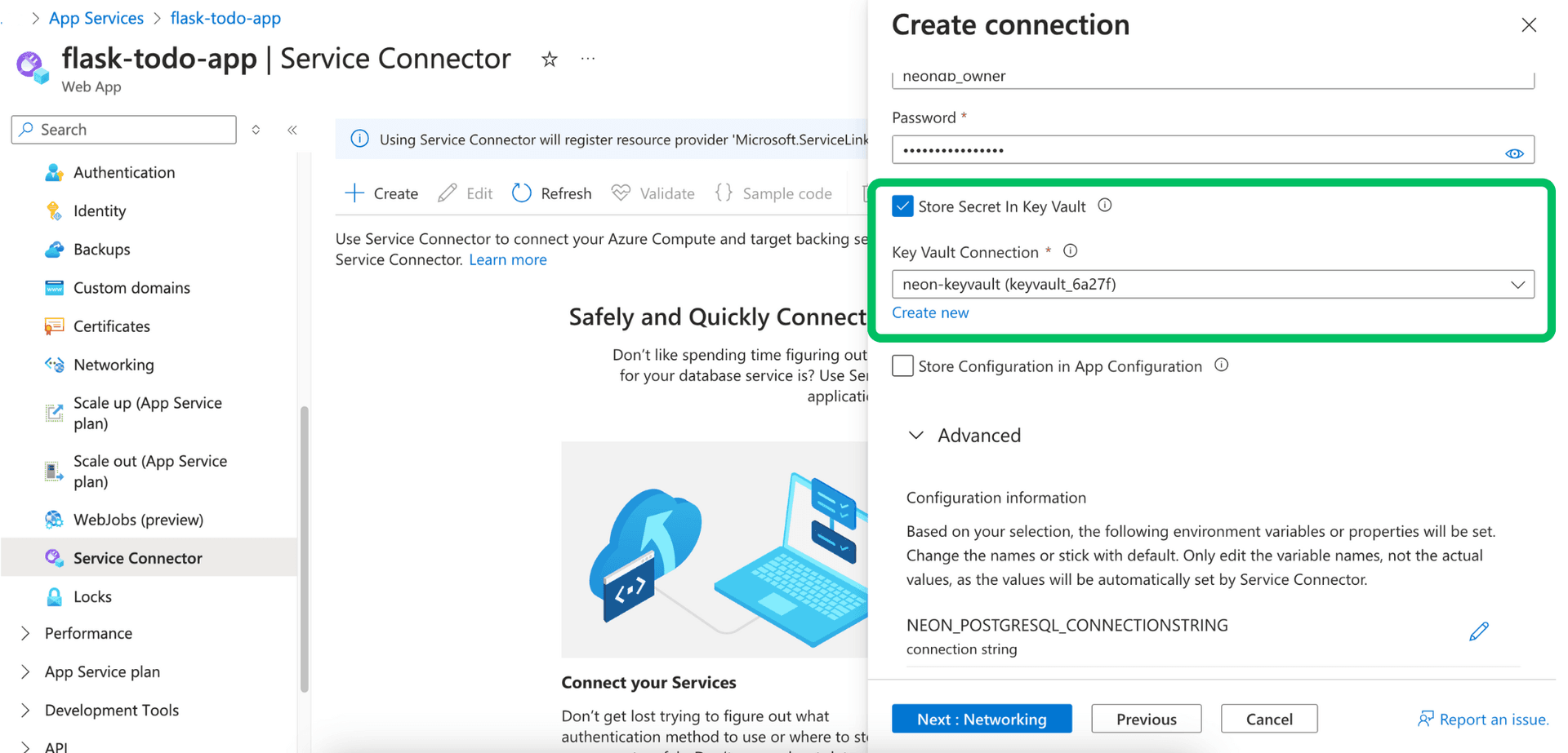 Select Store secret in Key Vault
