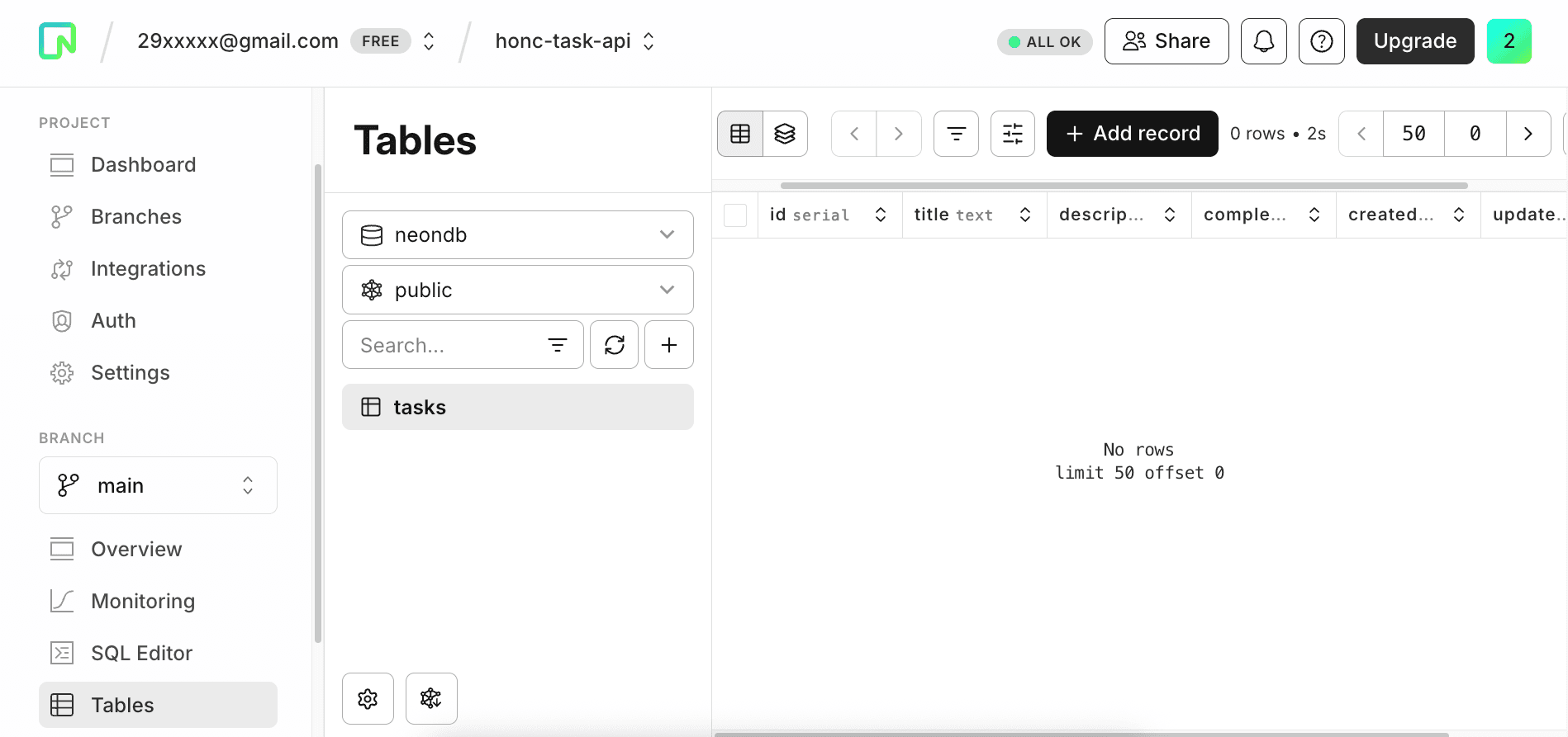 Neon console - Tasks table