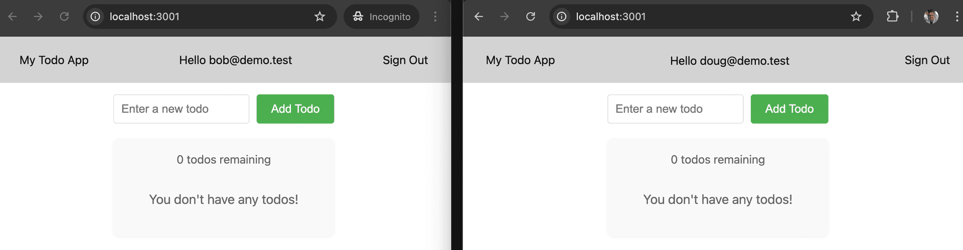 neon demo app with two users signed in